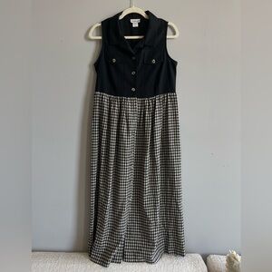 Vintage 80s Joseph Gee Linen Gingham Black & Tan Sleeveless Midi Dress